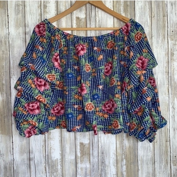 JODIFL Tops - Jodifl Blue Gingham Off The Shoulder Crop Floral Blouse